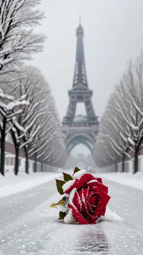 red rose in the snow, covered with snow, with frozen flowers around her, pale, like the first snow of winter, winter in the snow...