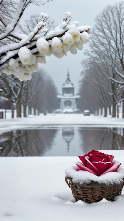 red rose in the snow, covered with snow, with frozen flowers around her, pale, like the first snow of winter, winter in the snow...