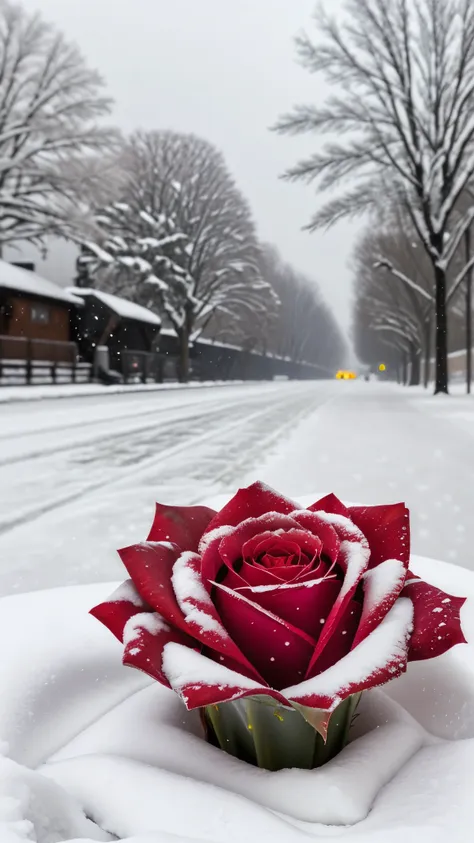 red rose in the snow, covered with snow, with frozen flowers around her, pale, like the first snow of winter, winter in the snow...