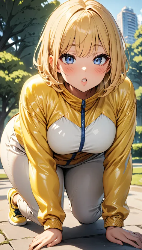 One girl, alone, Park Background, masterpiece:1.2, Very detailed, blue eyes, Blonde, short hair, Plump lips, Gal Makeup, Fluorescent yellow jacket, White rubber skin suit, Yellow sports shoes,  White pants, blush,Open your mouth, On all fours.