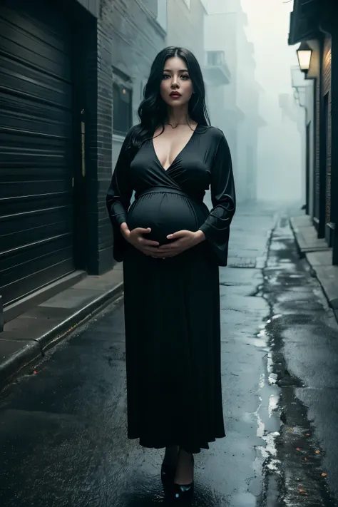 (highest quality、masterpiece、8k、best image quality、hyper realism、Award-winning work)、(1 pregnant woman:1.1)、((huge pregnant))、45 year old mature woman、wrinkled face、(wrap yourself in a pitch black robe:1.1)、(upper body photo:1.2)、emphasize body line、(eerie...