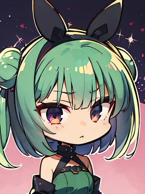 (highres), (best quality), (detailed), (chibi art style)1 girl, alone, medium hair, pastel green hair, twin buns, violet eyes, round black sunglasses on head, black sleeveless turtleneck top, green shorts, dark brown boots, sparkling eyes, curiosity