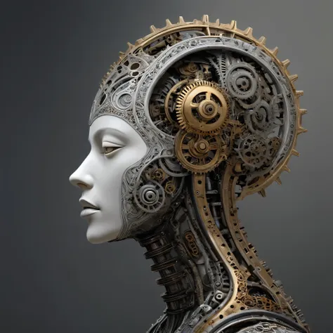 an abstract sculpture of a head and neck in slight profile with the skin made up of intricate patterns with gears and mechanical...