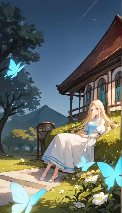 score_9, score_8_up, score_7_up, score_6_up, score_5_up, score_4_up, BREAK source_anime,rating_save, A girl with very long blonde hair sitting serenely on a bench out front of her house dressed in a white cololor sparkling dress with glowing light blue acc...