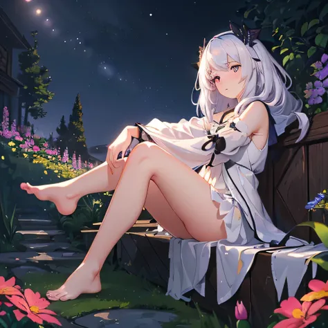 (best quality,4K,8K,high resolution,masterpiece:1.2),Extremely detailed,(Practical,photoPractical,photo-Practical:1.37),illustration,Soft lighting,White hair girl,Deep purple eyes,Glowing eyes,sit down,barefoot,blush,In the garden at night,Flowers.