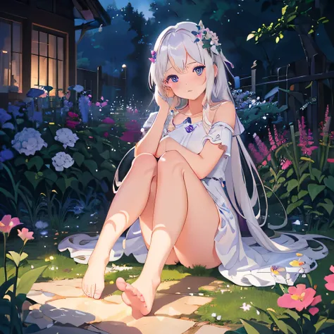 (best quality,4K,8K,high resolution,masterpiece:1.2),Very detailed,(Practical,photoPractical,photo-Practical:1.37),illustration,Soft Light,White hair girl,Deep purple eyes,Glowing eyes,sit down,barefoot,blush,Garden at night,Flowers.dew