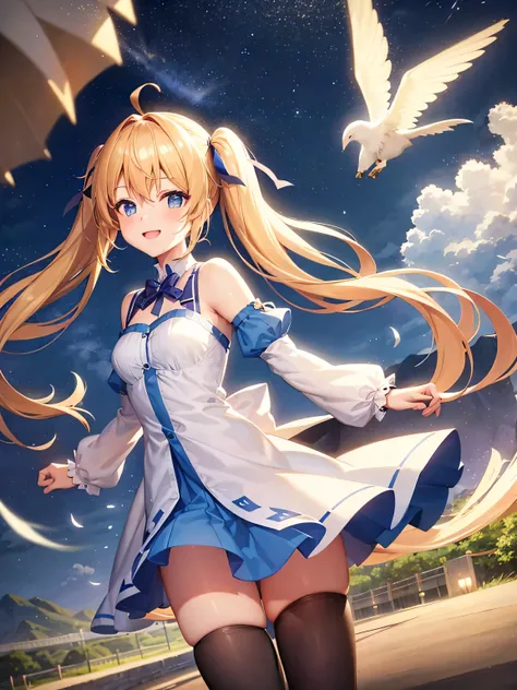 Ray Tracing,high quality,High resolution,bloom effect,Dynamic Angle,Light Shaft, particle lighting, Dynamic Light,One girl, alone, Wind,smile, 17 years old,Middle chest, Long blonde twin tails that reach above her ears, Ahoge, (Cyan striped hair:1.15), ,Wi...