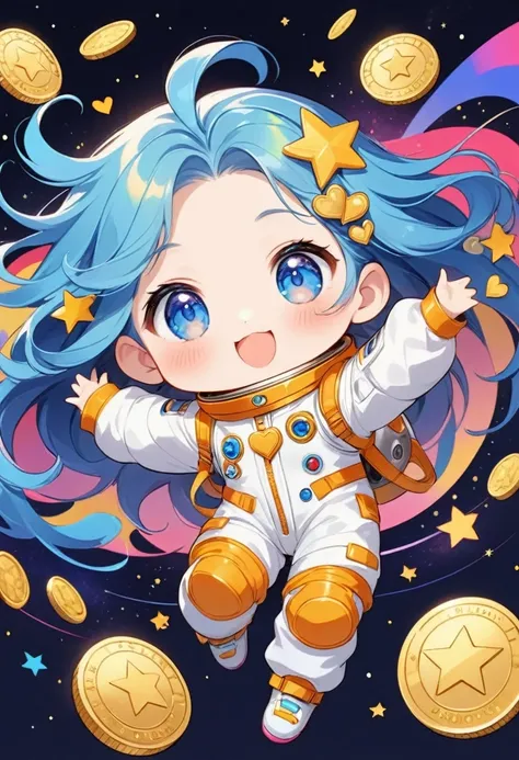 A Girl, Long Blue Hair, Blue Eyes, Star Hairpin, Colorfull Style, Simple Line Initialism,Abstract Art, The Most Beautiful Girl Of All Time, Chibi, Sweet Face. Colorful Hearts, Gold Coins, Funny Design, Happy Dance, Spacesuit, Cute Aliens, The Background Is...