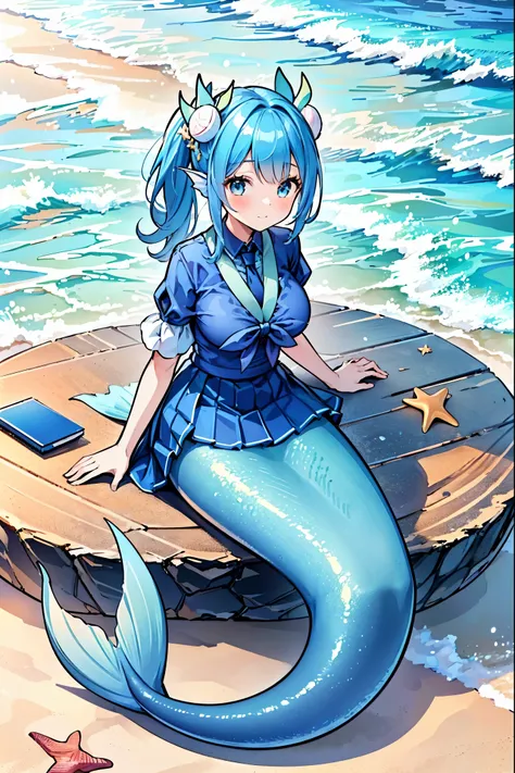 masterpiece, best quality,(full fingers),a woman,mermaid,large breasts,head fin,blue shirt,blue skirt,藍色的mermaid尾巴,full-body sho...