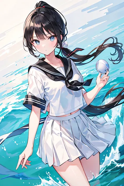 A beautiful girl with black hair and a ponytail wearing a white summer sailor uniform、Black glove on left hand、Holding a silver metal yo-yo in his left hand、Sticking out in front