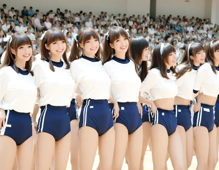 score_9, score_8 up, highest quality, idol group，cowboy shot，shot from medium distances，student，tight gym wear, bloomers, adorab...