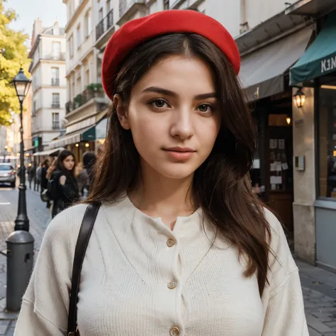 Generate a realistic, high-resolution portrait of Selma Lahrizi, a 24-year-old woman with a warm and approachable presence. Shes wearing a stylish and feminine outfit that complements her iconic red beret. The photo should be taken in Paris, with a backdro...