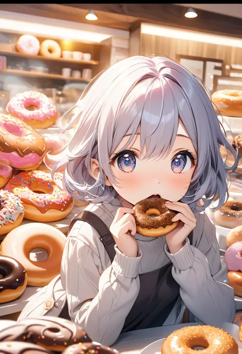 Beautiful, cute and lively donut shop.Host a tasting event.Close-up of cute girl eating donuts.Beautiful and extremely textured foreground and background，detailed, bright, Animation style high definition and high quality presentation((Masterpieces in up to...