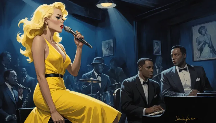 alabama bar, blue note, charismatic, baterist, guitarist, saxophonist, jazz band, yellow dress, illustration, noir fantasy, singer blonde lady, 