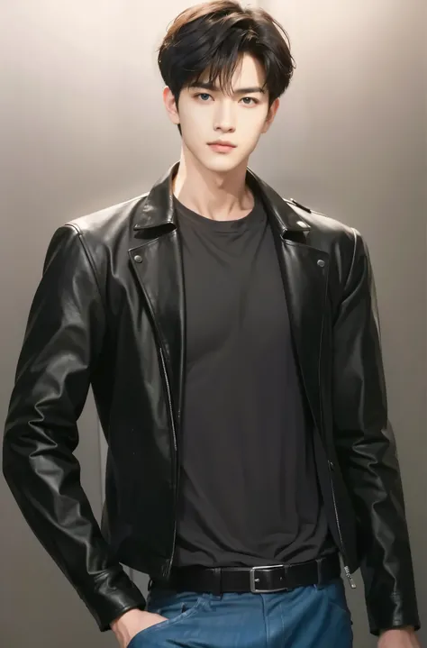 at office,wearing black leather jacket,two block haircut, Attractive man,Live-action photo,Handsome and sunny,(SLR effect,Reality,8K,Hyper-detailing,Absolute realism)