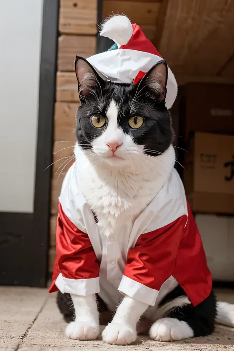 The reality of a black and white cat wearing a red and white costume and the words HUT RI from KUMEKUI 