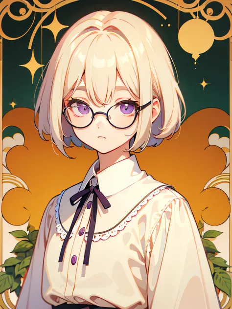 ((Highest quality)), ((masterpiece)), (detailed), Cream colored hair、Bob Hair、Slightly droopy eyes、Purple Eyes、Narrow-rimmed round glasses、girl、Facing forward、Friendly atmosphere、No belongings
