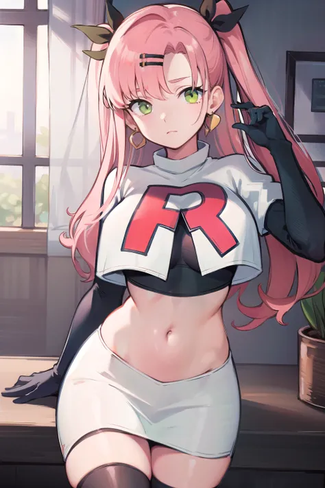 masterpiece, best quality, ultra-detailed, extremely detailed,illustration, 1girl, nicole demara,green eyes, hair ribbon, hairclip, earrings, doll, cowboy shot, team rocket,team rocket uniform,white skirt,red letter R,crop top,black thigh-highs,black elbow...