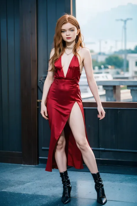 (a young sadie sink in a revealing skin-tight long red dress with a plunging neckline and leg slit:1.2), boots, 18 year old, cle...