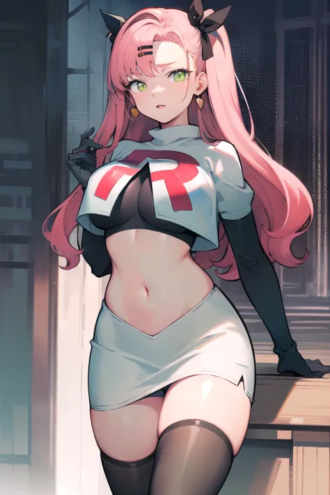 masterpiece, best quality, ultra-detailed, extremely detailed,illustration, 1girl, nicole demara,green eyes, hair ribbon, hairclip, earrings, doll, cowboy shot, team rocket,team rocket uniform,white skirt,red letter R,crop top,black thigh-highs,black elbow...