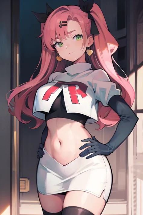 masterpiece, best quality, ultra-detailed, extremely detailed,illustration, 1girl, nicole demara,green eyes, hair ribbon, hairclip, earrings, doll, cowboy shot, team rocket,team rocket uniform,white skirt,red letter R,crop top,black thigh-highs,black elbow...