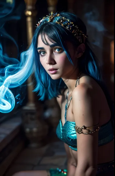 realistic, analog photo, Masterpiece, RAW photo, middle shot, photorealistic, (detailed cute face), genie, (folkloric Arabic creature), (in "Aladdin" style), (cute female, looks like Rachel Cook), short blue hair, blue skin, detailed Arabic village on back...