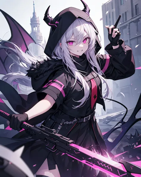 1girl, scythe, solo, sharp_teeth, holding, teeth, hood, pink_eyes, open_mouth, horns, smile, long_hair, ring, hood_up, gloves, holding_scythe, looking_at_viewer, weapon, holding_weapon, black_gloves, glowing_eyes, jewelry, fur_trim, glowing, hair_between_e...