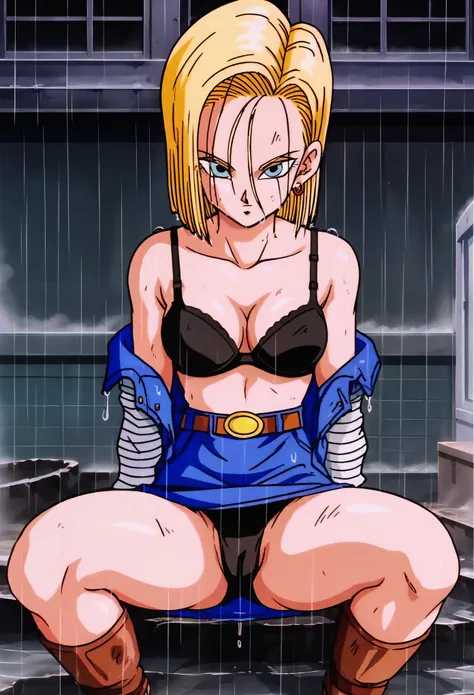 source_anime, score_9, score_8_up, score_7_up, anime screencap,
detailed face, retro artstyle, 1990s (style), android 18, classic look, 1girl, solo, looking at viewer, short hair, blue eyes, blonde hair, collarbone, sitting on rubble, spreading legs, fire,...