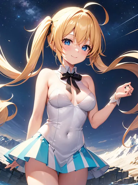 Ray Tracing,Highest quality,High resolution,bloom effect,Dynamic Angle,Light Shaft, particle lighting, Dynamic Light,One girl, alone, Wind,smile, 17 years old,Middle chest, Long blonde twin tails that reach above her ears, Ahoge, (Cyan striped hair:1.15), ...