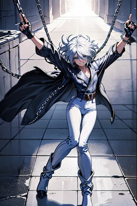 (masterpiece), best quality, silver eyes, perfect face, highres, 1girl, solo, angelms, white hair, white jacket, jeans, fingerle...