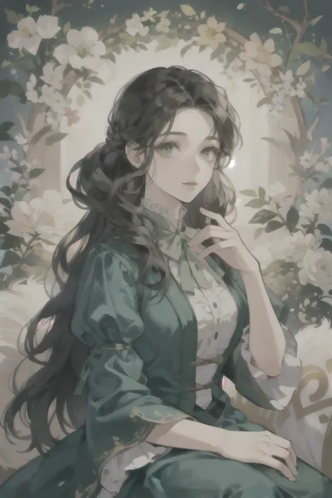 ((Highest quality)), ((masterpiece)), (detailed),Jet Black Hair、Super Long Hair、Strong curly hair、Curly hair、Vertical Roll、curly hair、Dark green eyes、Beauty、Noble daughter、Dainty dresses、elegant、Victorian、beautiful girl、calm、clear、No bangs、The forehead is ...