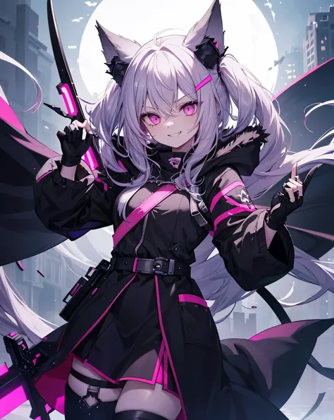 1girl, cat ears, neko ears, scythe, solo, sharp_teeth, holding, teeth, hood, pink_eyes, open_mouth, horns, smile, long_hair, ring, hood_up, gloves, holding_scythe, looking_at_viewer, weapon, holding_weapon, black_gloves, glowing_eyes, jewelry, fur_trim, gl...