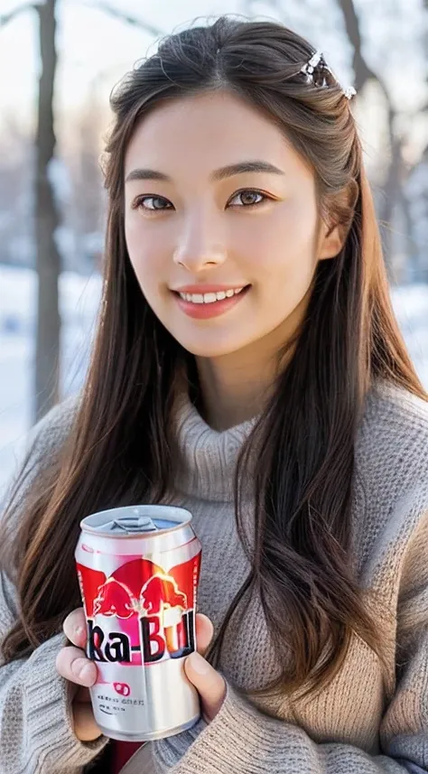 (masterpiece:1.35),(best-quality:1.4),8k,ultra-detailed,photography,(ultra-realistic:1.4),adult girl,long hair,sweater,snowing background,holding energy drink,Redbull brand,beautiful detailed eyes,beautiful detailed lips,extremely detailed face and eyes,lo...