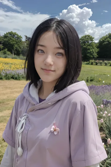 masterpiece, absurdres, hinata(boruto), 1girl, solo,mature female, purple hoodie,layered sleeves, brown pants,  outdoors,lavender flower field, looking at viewer, (falling petals), cloudy sky, perfect composition, detailed lips, big breast, beautiful face,...