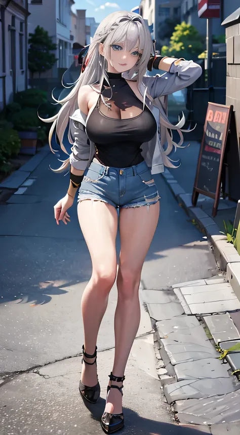 Huge breasts)),Long Hair,((Silver Hair,blue eyes)), Dawn, sunlight, (Perfect body : 1.0), collar, Lock, Full Body Shot, Long legs, Wearing a black tank top, Jeans jacket, ((Shorts)),(masterpiece), (Highest quality:1.0), (ultra High resolution:1.0), Beautif...