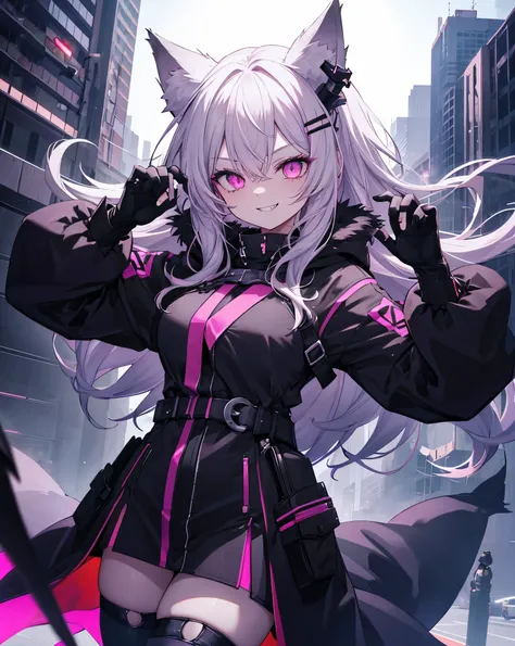 1girl, cat ears, neko ears, Shes jumping off a skyscraper.solo, sharp_teeth, teeth, hood, pink_eyes, open_mouth, horns, smile, long_hair, ring, hood_up, gloves, looking_at_viewer,  black_gloves, glowing_eyes, jewelry, fur_trim, glowing, hair_between_eyes, ...