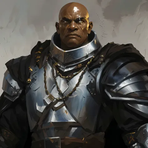 "A dark, biblical-style illustration of an elderly, small-bodied black-skinned knight with no facial hair and a clean-shaven head. He has a grumpy but tough demeanor, exuding strong will and determination. One of his eyes is a scarred, glass eye, adding to...