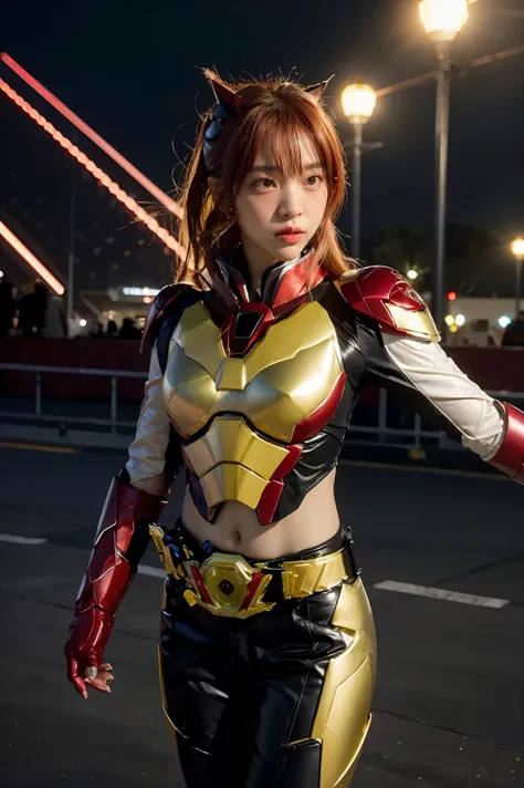 1girl, solo, 8k， top，hentail realism、front lighting，kamen rider scarlet_sun。metallic body，crimson shone with a silver glow、wear ...