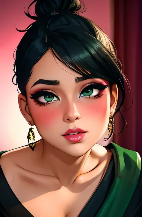 Sexy woman, black hair tied in a messy bun, amazing makeup, blushing intensely, flustered, lustful, perfect lips parted, black blouse, sheer dark green saree, hot