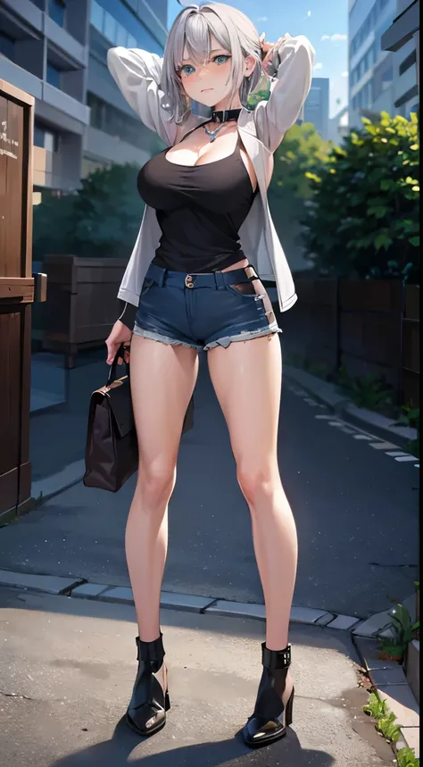 Huge breasts)),Short Bob,((Silver Hair,blue eyes)), Dawn, sunlight, (Perfect body : 1.0), collar, Lock, Full Body Shot, Long, slender legs, Wearing a black tank top, Jeans jacket, ((Shorts)),(masterpiece), (Highest quality:1.0), (ultra High resolution:1.0)...