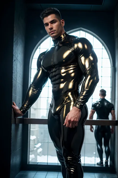 ultra high res, best quality, photo, 4k, (photorealistic:1.4), cinematic lighting, a muscular man, abdominal muscle, wearing black shiny tight latex crop top,gold black tight latex leggings,cyberpunk environment, snow and environment in the background, cat...