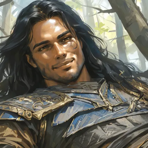 "a dark, biblical-style illustration of a really handsome ranger with lightly tanned skin from the sun, lying back and smiling. ...