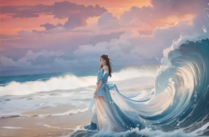 Girl goddess of water and sea. Stands in the stormy waves of the ocean. Against the background of an orange sunset and clouds. Blue nautical dress, like from Poseidon&#39;s tales