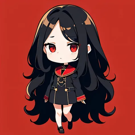 超A high resolution, Best-aesthetic, High-quality depiction of feet, Flat avatar, Anime visuals of cute girls, lovely art style, tchibi, 1girl, ((black long wavy hair))，dark red eyes, black eyeliner, red lipstick，dark purple-red suit，upper body，simple backg...