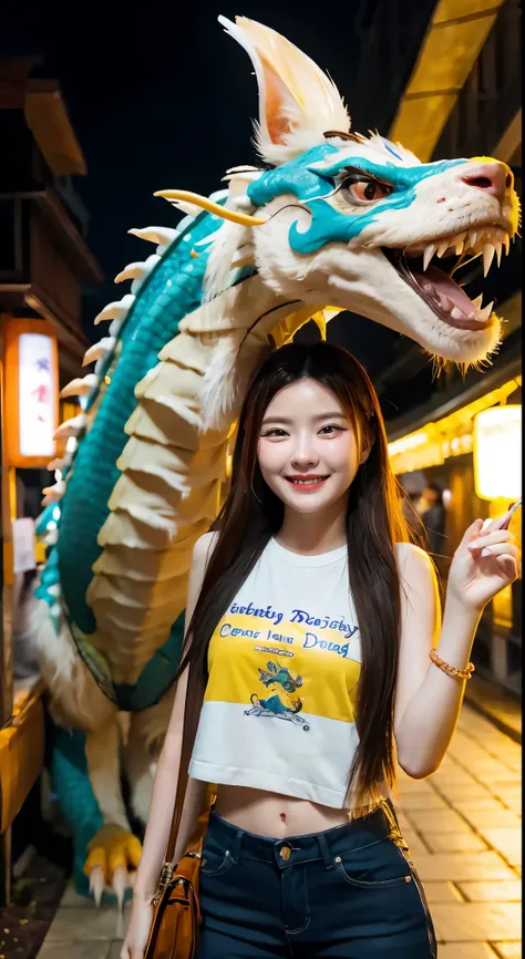 1girl, masterpiece, best quality, making friends with the chinese dragon, fun, happy, bright, loong,