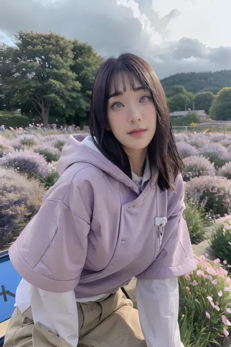 masterpiece, absurdres, hinata(boruto), 1girl, solo,mature female, purple hoodie,layered sleeves, brown pants,  outdoors,lavender flower field, looking at viewer, (falling petals), cloudy sky, perfect composition, detailed lips, big breast, beautiful face,...