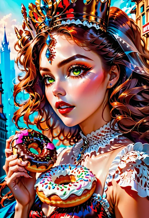 an oil painting portrait of a queen eating a (an epic donut: 1.3), an exotic exquisite beautiful ,mature queen, dynamic hair color, wavy hair, dynamic eyes color,  intense eyes, wearing glamour silk dress, intricate detailed dress, dynamic color dress, dyn...