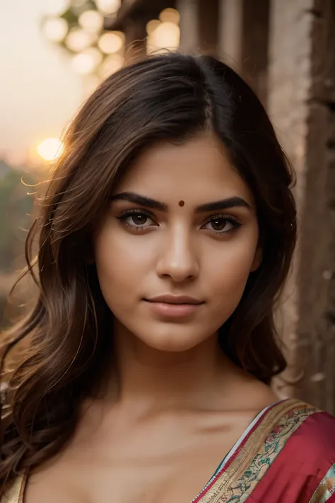 A beautiful sunrise over rice fields in India, Indian farmers harvesting rice, cute stunning and beautiful young girl, 18 yo, beautiful detailed eyes, beautiful detailed lips, extremely detailed eyes and face, long eyelashes, traditional Indian clothing, s...