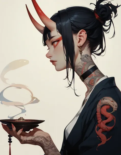 (score_9, score_8_up, score_7_up), zPDXL, 1 girl, alone, profile, pensive look, simple background, dark room, sitting on chair, snake eyes, upper body, tied hair, black hair, simple clothes, horns, white shirt, holding incense in hand, tattoos, incense rel...