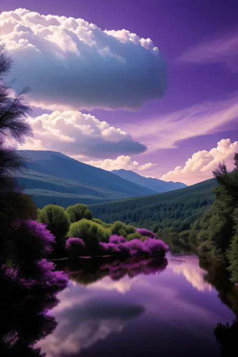 A vision from a mountain of a river in a dreaming purple word. Sleep word. surrealistc. a lot of puff clouds.
